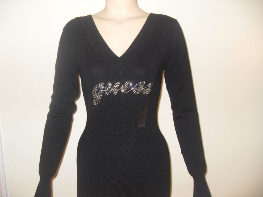 NWT GUESS V NECK SWEATER JET BLACK W/ RHINESTONES LOGO  