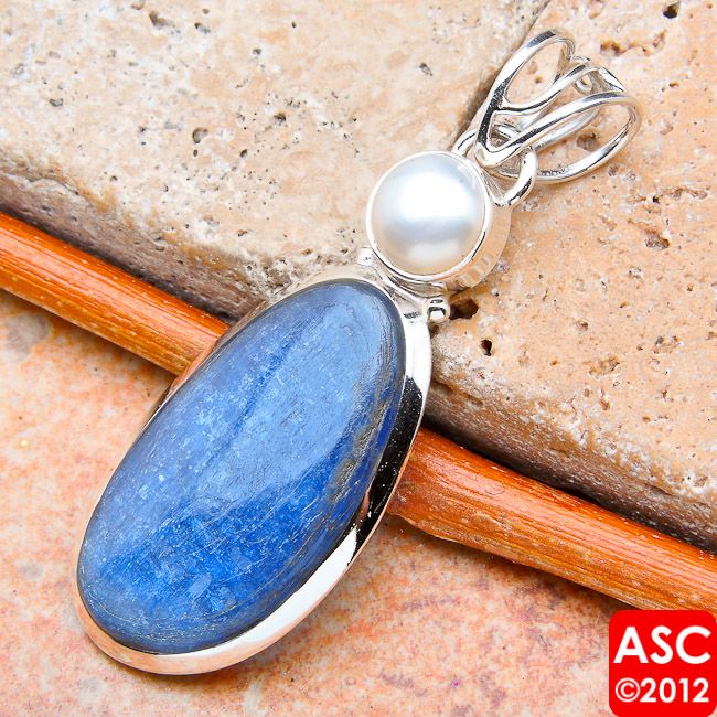 RARE KYANITE, PEARL .925 SILVER PENDANT 1 3/4  