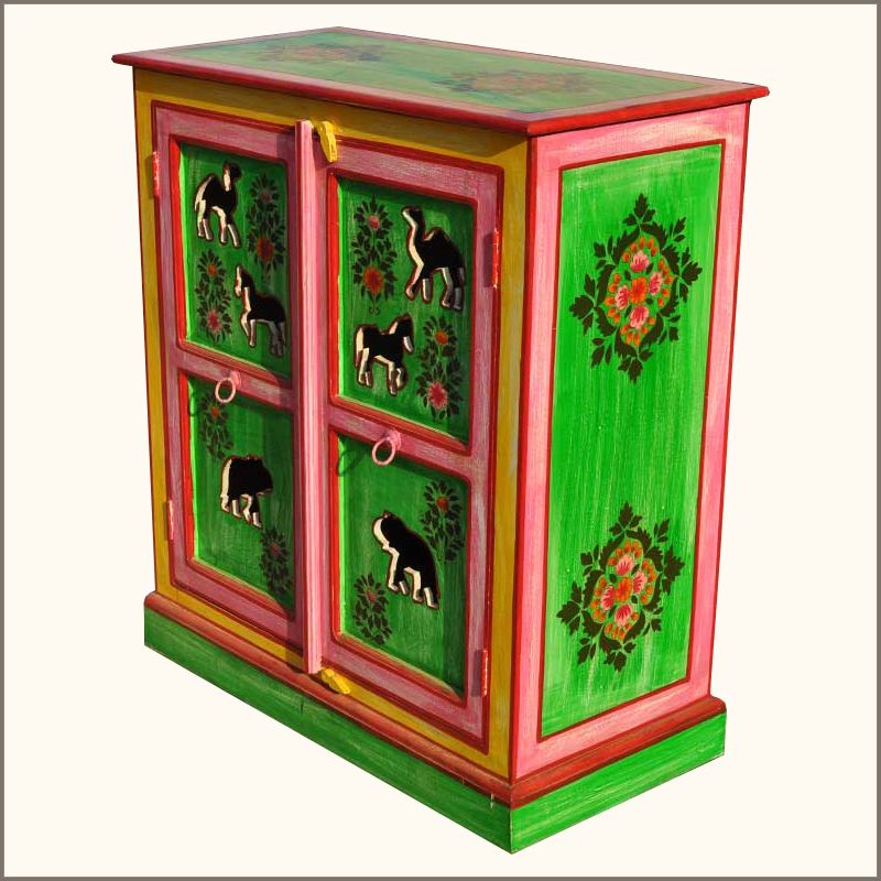   Hand Painted Solid Wood Storage Kitchen Cabinet w Floral Animal Design