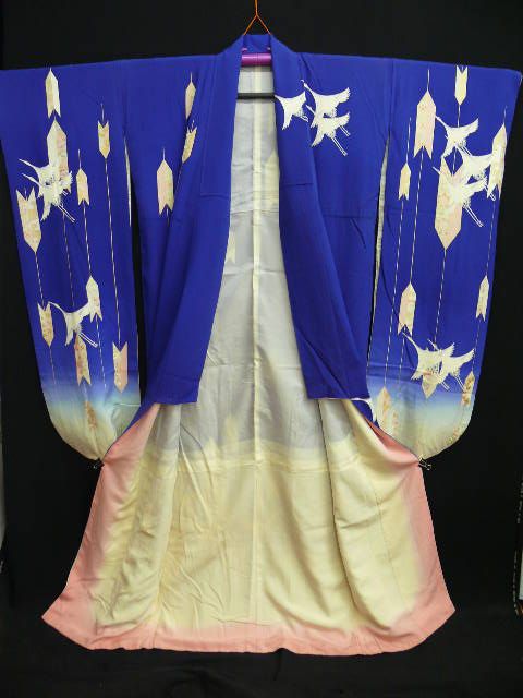 Blue Silk Chirimen ji Furisode w/Crane H98  