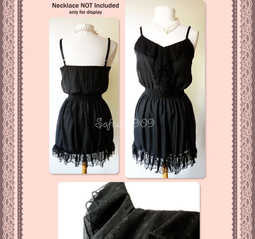 NEW Black Polka Dot Mesh Lace Ruffle Trim Simple CUTE CHIC Sun Dress 