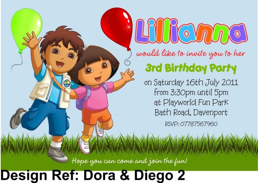 10 x DORA & DIEGO   PERSONALISED PARTY INVITATIONS  