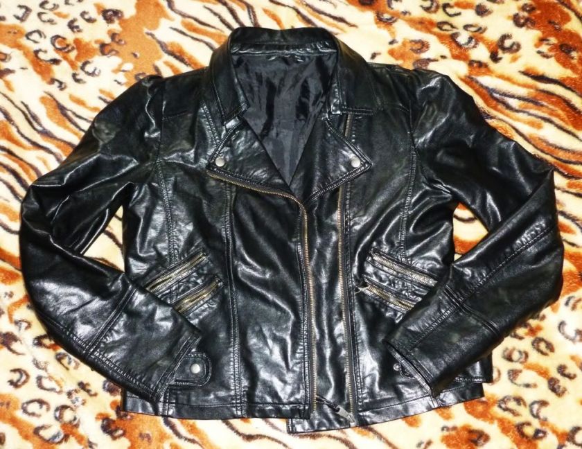 PRIMARK Black PVC Biker Jacket UK 14 PUNK/PSYCHO/ROCK/VINTAGE  