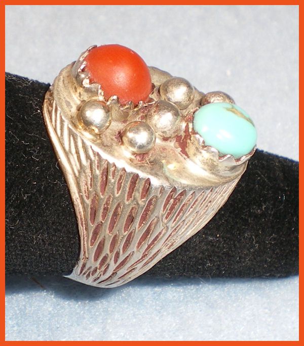 Vintage Sterling Turquoise and Coral Ring Size 10 1/2 #15  