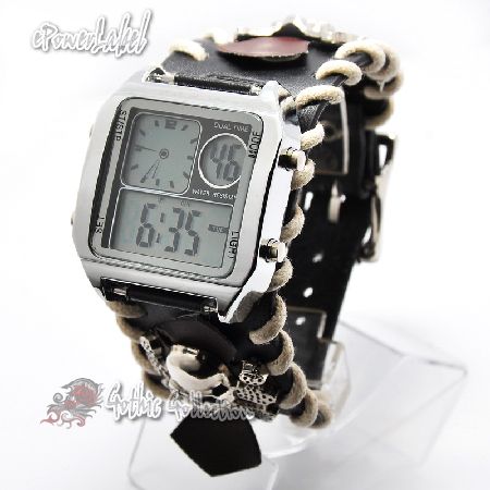 K0852 Multi Function Digital n Analog Dual Watch Skull Black Leather 