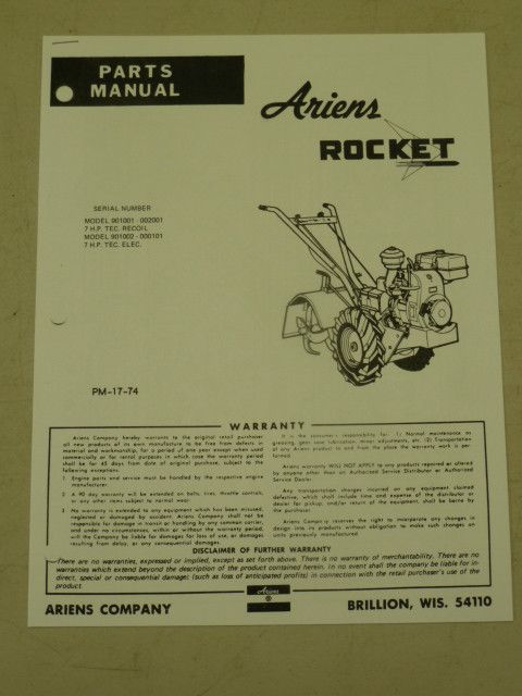 ARIENS 901001 7 H.P. TECUMSEH RECOIL ROCKET TILLERS PARTS MANUAL PM 17 