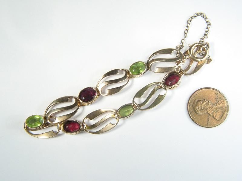 ANTIQUE ART NOUVEAU 9K GOLD PERIDOT GARNET BRACELET  