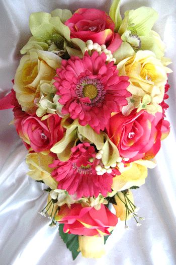 Wedding Bouquet Cascade Bride PINK YELLOW GREEN DAISY 17pc silk 