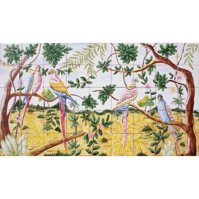 Portuguese Tiles Clay Panel Mural COLORED GARDEN BIRDS  