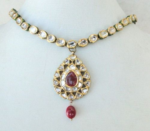 VINTAGE ENAMEL WORK 20 K GOLD DIAMOND POLKI NECKLACE  