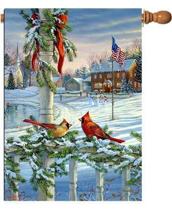 Winter Cardinals Patriotic Town Snowy Scene Lg Flag  