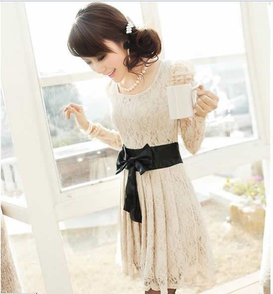 Fashion Women Sexy Long Sleeve Corset Bowknot Cocktail Evening Lace 