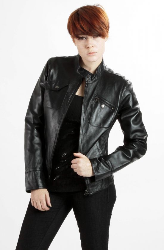 United Face Womens New Black Brown Lambskin Leather Moto Biker Jacket 