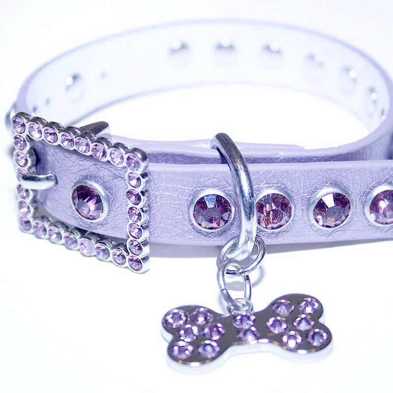 Purple Leather, Rhinestone Dog Collar w/ Bling Dog Bone Charm  