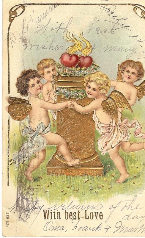 1907 Embossed German Valentines Postcard angels dancing  