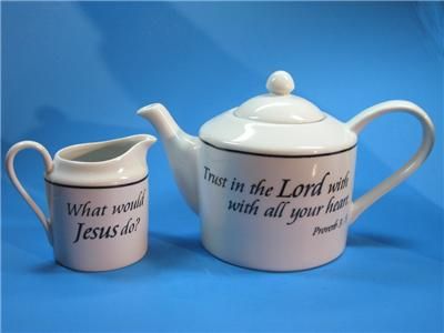 Teapot and Creamer Bible Verse Set White Ceramic WWJD  