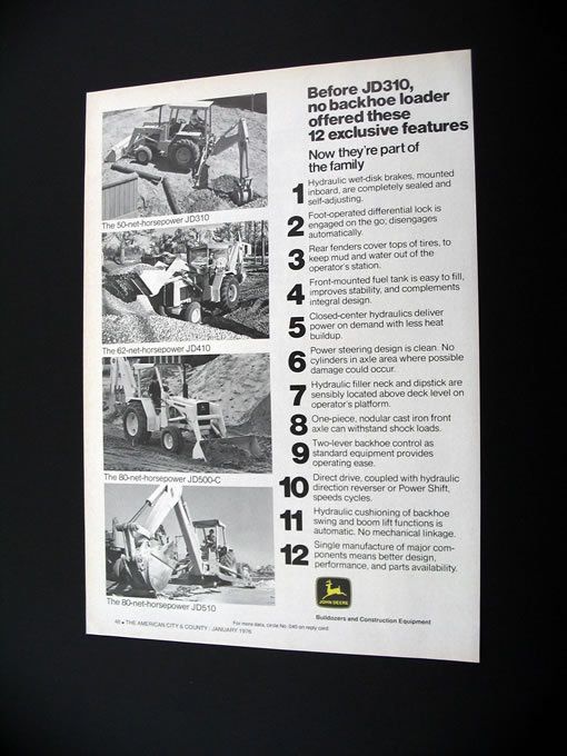 John Deere JD 310 410 500 C 510 Backhoe 1976 print Ad  