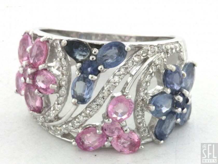 18K WHITE GOLD 3.64CTW VS DIAMOND & PINK/BLUE SAPPHIRE CLUSTER FLOWER 