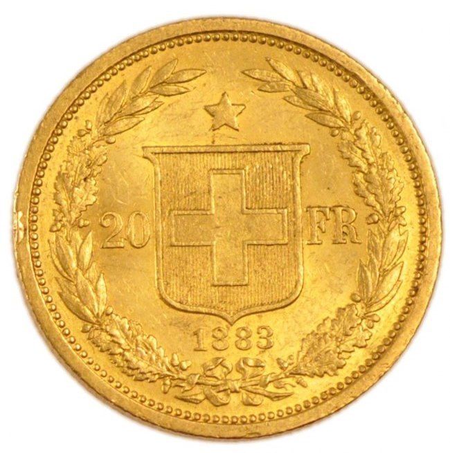 SWITZERLAND 20 FRANCS KM 31.1 AU GOLD COIN 1883  