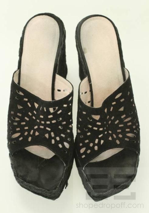 Stuart Weitzman Black Suede Platform Espadrille Wedges  