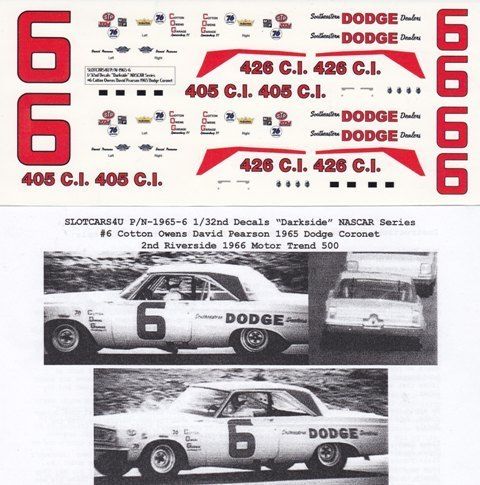 Pearson 1965 Dodge Coronet 1/32nd Scale Slot Car Waterslide Decals 