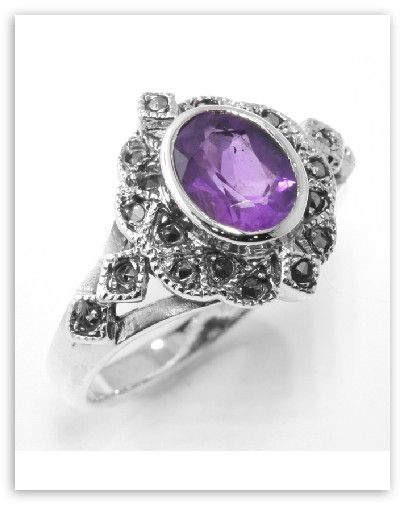 Lovely 1 Carat Amethyst and Marcasite Ring   Sterling Silver Size 6 