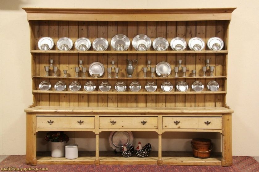 Pine 13 Antique Welsh Dresser, Pewter Cupboard or Back Bar  