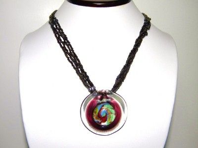   GLASS BURGUNDY /SILVER PENDANT BLACK TINY INDIAN BEADS NECKLACE  