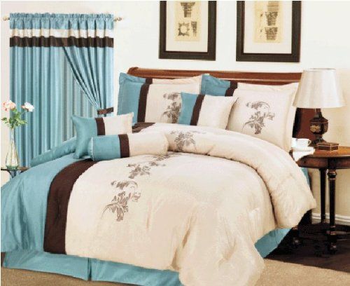 7pcs Light Blue, Beige, Brown Floral Comforter Set Bed in a bag, Queen 