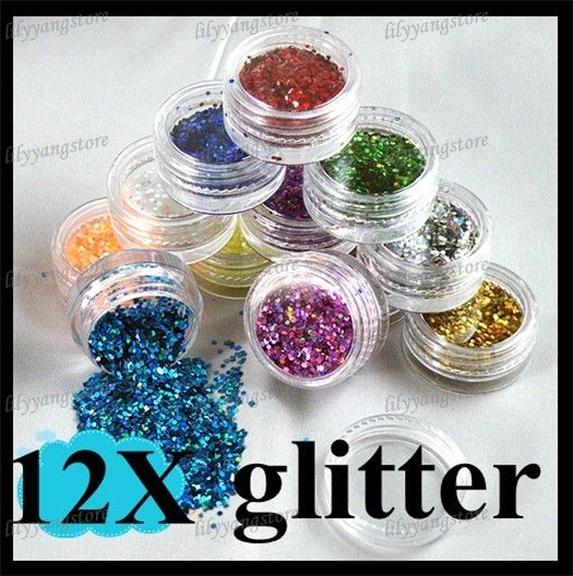 12 colors nail Art Decoration Design 3D UV Gel Hexagon Shiny Glitter 