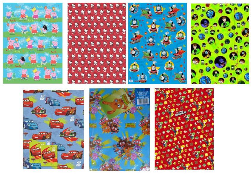 CHILDRENS CHARACTER GIFT WRAPPING PAPER 2 SHEETS+ 2 TAGS 50x69.5cm 