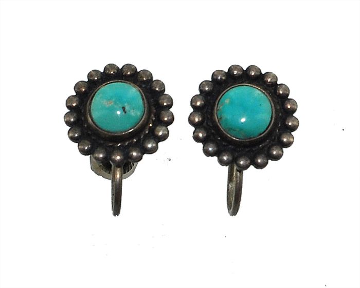 VINTAGE ZUNI PAWN STERLING TURQUOISE SCREW BK EARRINGS  