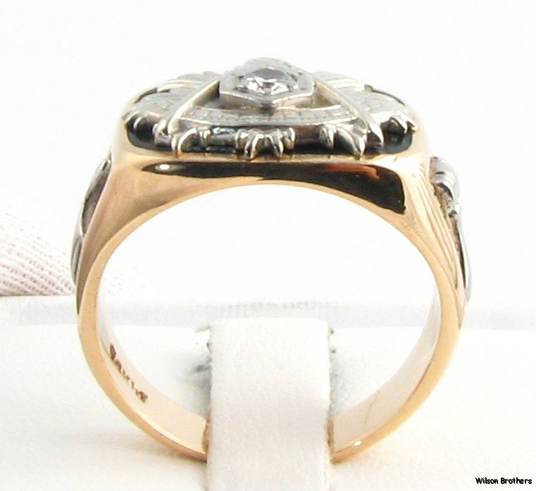 PAST MASTER Diamond Ring   14k W&Y Gold   Masonic Solid Back Vintage 