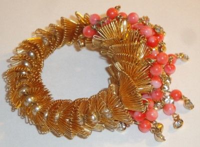 VINTAGE MIRIAM HASKELL GENUINE CORAL CLUSTER DANGLE BRACELET  