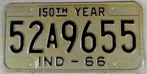 1966 Indiana 52 A 9655 License Plate 150th Year  