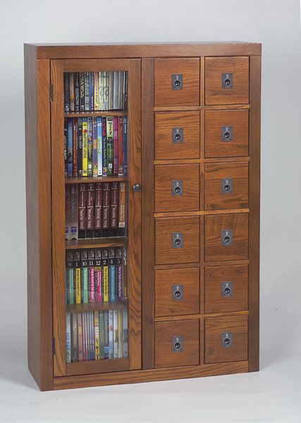 Solid Oak Glass Door CD DVD Storage Cabinet Dark Oak  