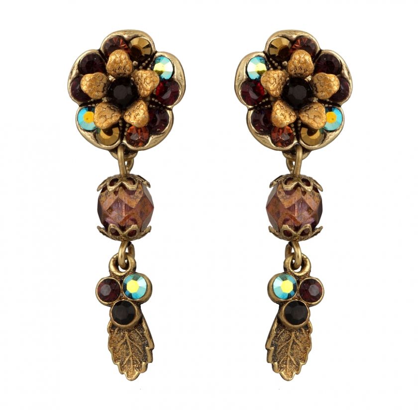Michal Negrin Flower & Leaves Earrings made with Blue Crystals & Beads 