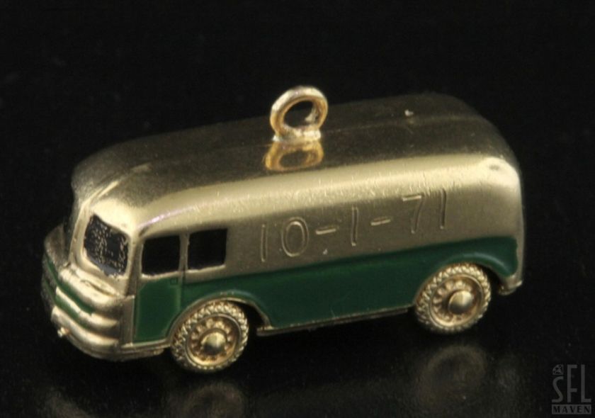 VINTAGE 1971 14K GOLD GREEN ENAMEL MICRO BUS CHARM/PENDANT  