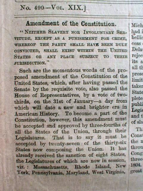   Civil War newspaper CONGRESS passes 13th AMENDMENT outlawing SLAVERY